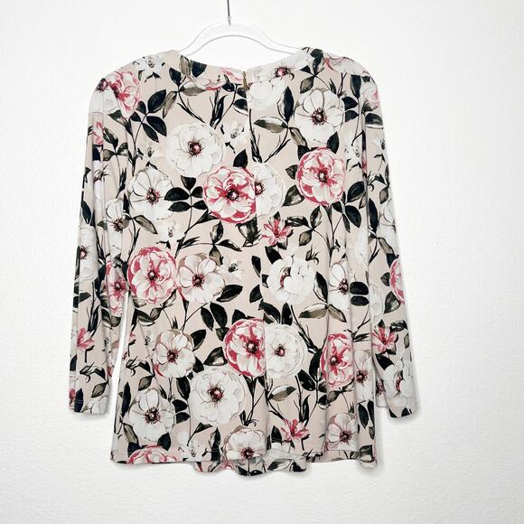 KARL LAGERFELD Vianne Floral Pleated Bow Blouse 3/4 Sleeve Cream Multi Womens L - Picture 3 of 9